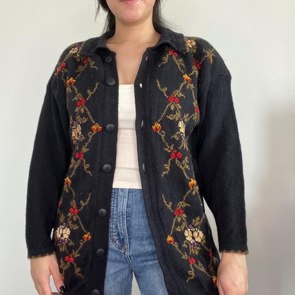 Acorn Cardigan Sweater Womens Large Navy Floral Pure New Wool Vintage Made in UK